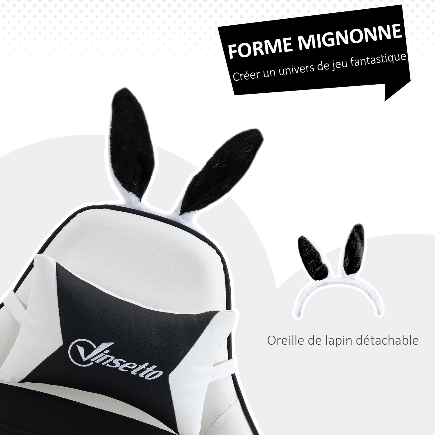 Gamingstoel – Bureaustoel – Gamestoel – Werkstoel – Stoel Met Bunny Ears – Verstelbare Hoogte – Verstelbare Rugleuning Tot 135° – Uittrekbare Voetensteun – Met Hoofd- En Lendensteunkussens – Zwart – Polyurethaan Bekleding