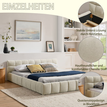 Tweepersoonsbed – 2-Persoonsbed – Bed – Slaapbed – Ledikant – Chenille Bekleding – 160x200 cm – Eucalyptus Houten Frame – Stabiel Metalen Onderstel – Beige – Modern Rustiek Design