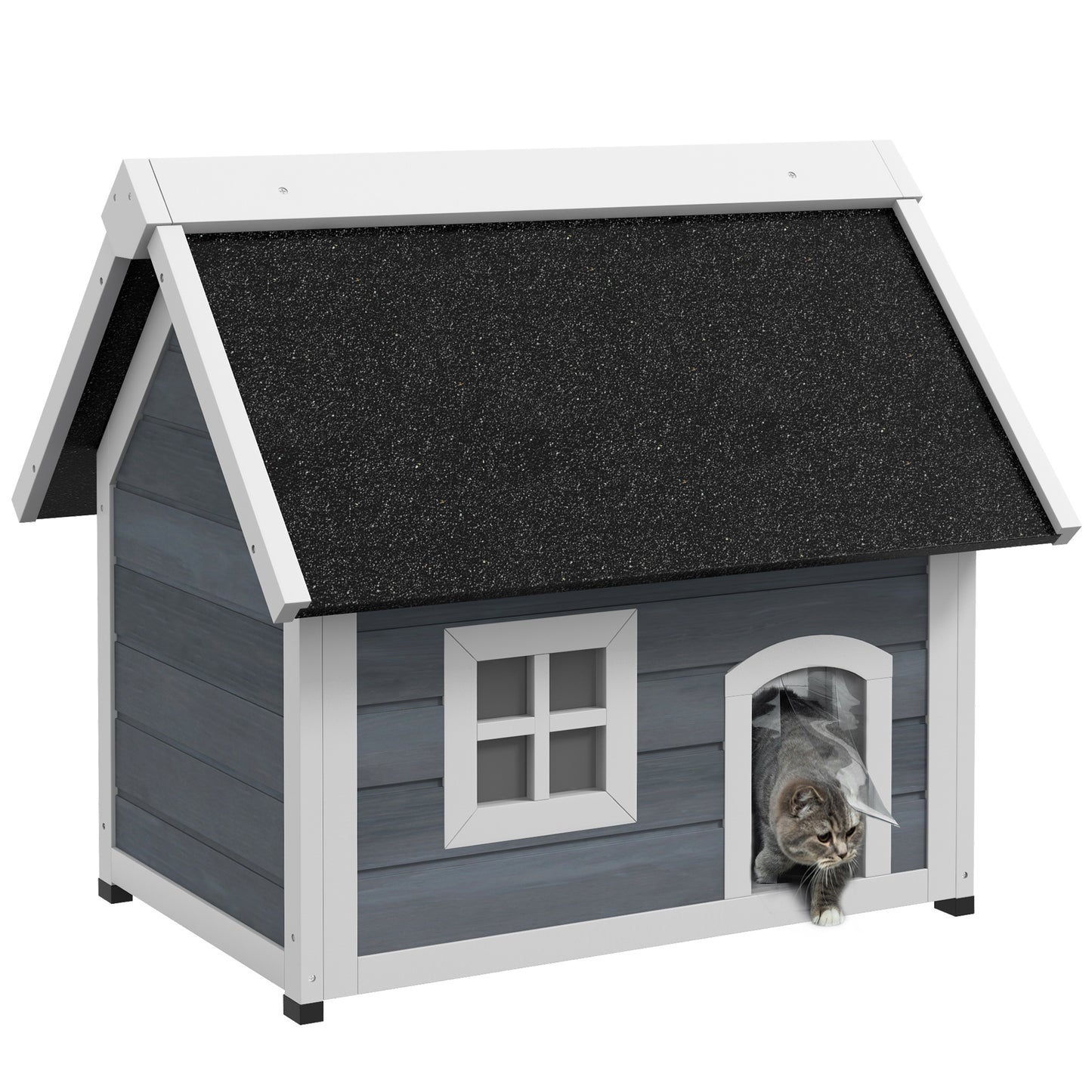 Houten Kattenhuis – Kattenhut – Kattenverblijf – Kattenhuisje – Dierenhuisje – Weerbestendig Bitumen Dak – 3 Toegangsdeuren – Grijs – 77x57,5x68 cm
