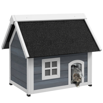 Houten Kattenhuis – Kattenhut – Kattenverblijf – Kattenhuisje – Dierenhuisje – Weerbestendig Bitumen Dak – 3 Toegangsdeuren – Grijs – 77x57,5x68 cm