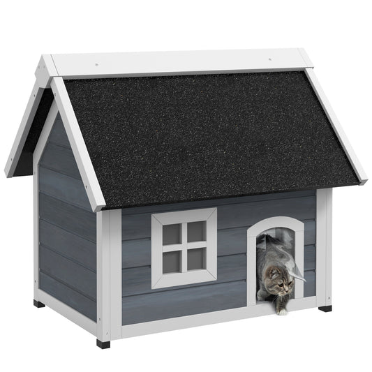 Houten Kattenhuis – Kattenhut – Kattenverblijf – Kattenhuisje – Dierenhuisje – Weerbestendig Bitumen Dak – 3 Toegangsdeuren – Grijs – 77x57,5x68 cm