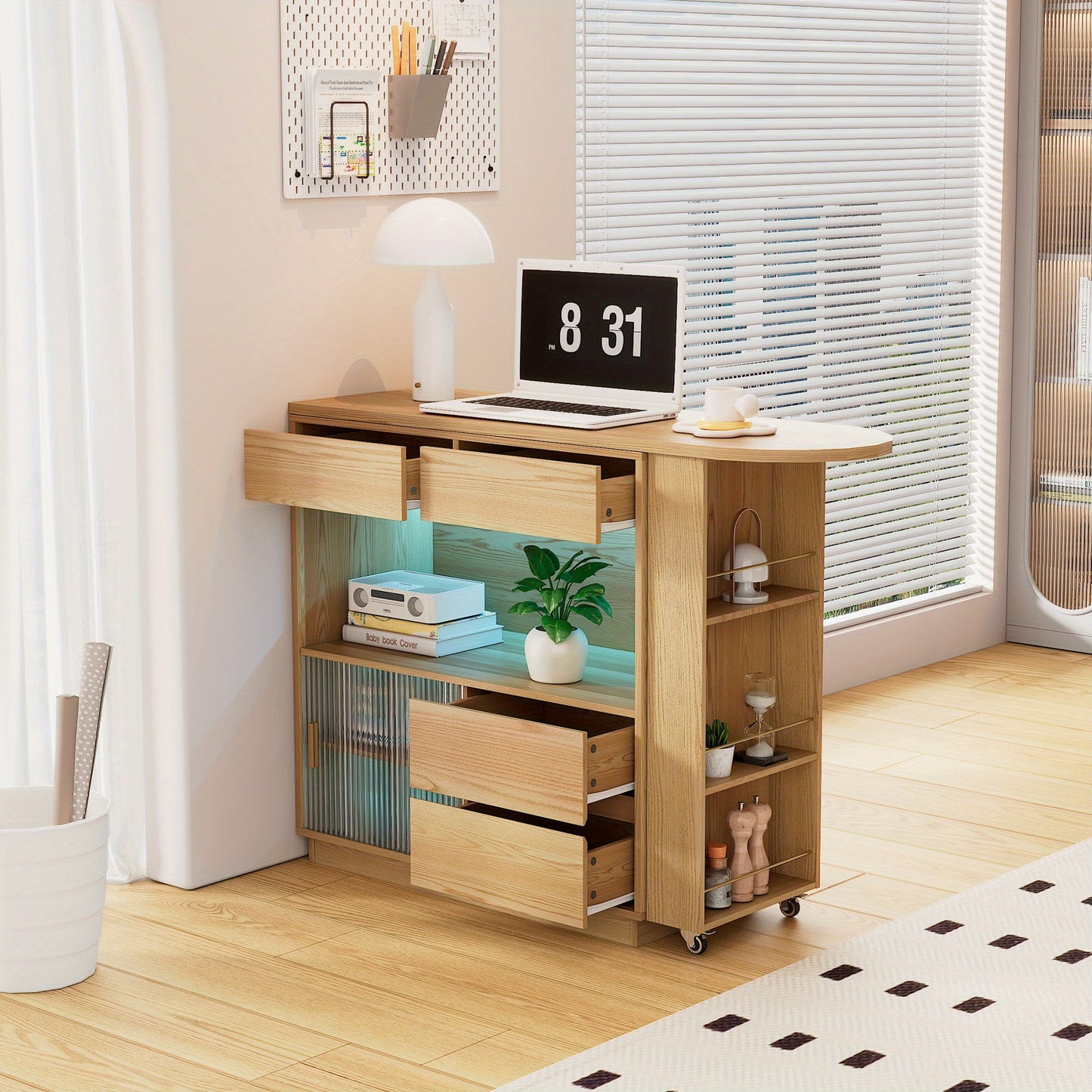 Bureau – Hoekbureau – Computertafel – Werktafel – Bureautafel – L-Vormig – Natuurlijke Houtkleur – Hardhouten MDF Constructie – Draaibaar Werkoppervlak – Opbergrekken