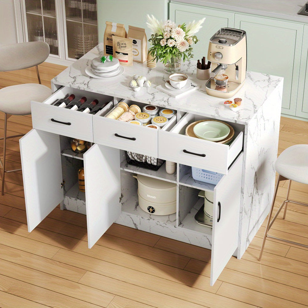 Large White Marble Kitchen Island with 3 Drawers & 3 Doors, Adjustable Shelves & Silent Closing Mechanism - Heavy-Duty Metal Construction, Marble Countertop, Bar Height Design, 120x60x90.5cm - Modern Floor-Standing Storage Ca