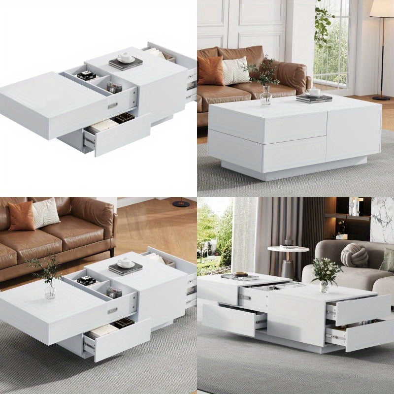 Salontafel – Koffietafel – Tafel – Woonkamertafel – Lounge tafel – Schuifblad – 4 Lades – Modern Wit – Compact 90x55x45 cm