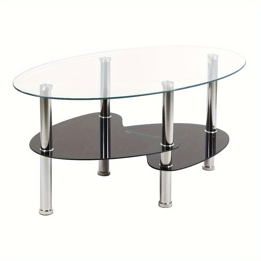 Salontafel – Koffietafel – Woonkamertafel – Lage Tafel – Ovalen Tafel – Gehard Glas – Metalen Poten – 2 Opbergniveaus – 90x50x43 cm