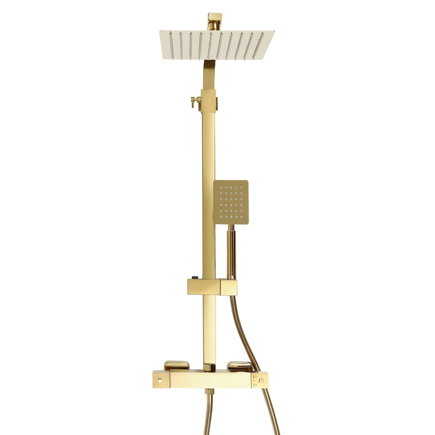Doucheset – Regendouche – Thermostaatkraan – Douchegarnituur – Handdouche – Gouden Vierkant Design – 20 cm Hoofddouche – Hoogwaardig Messing