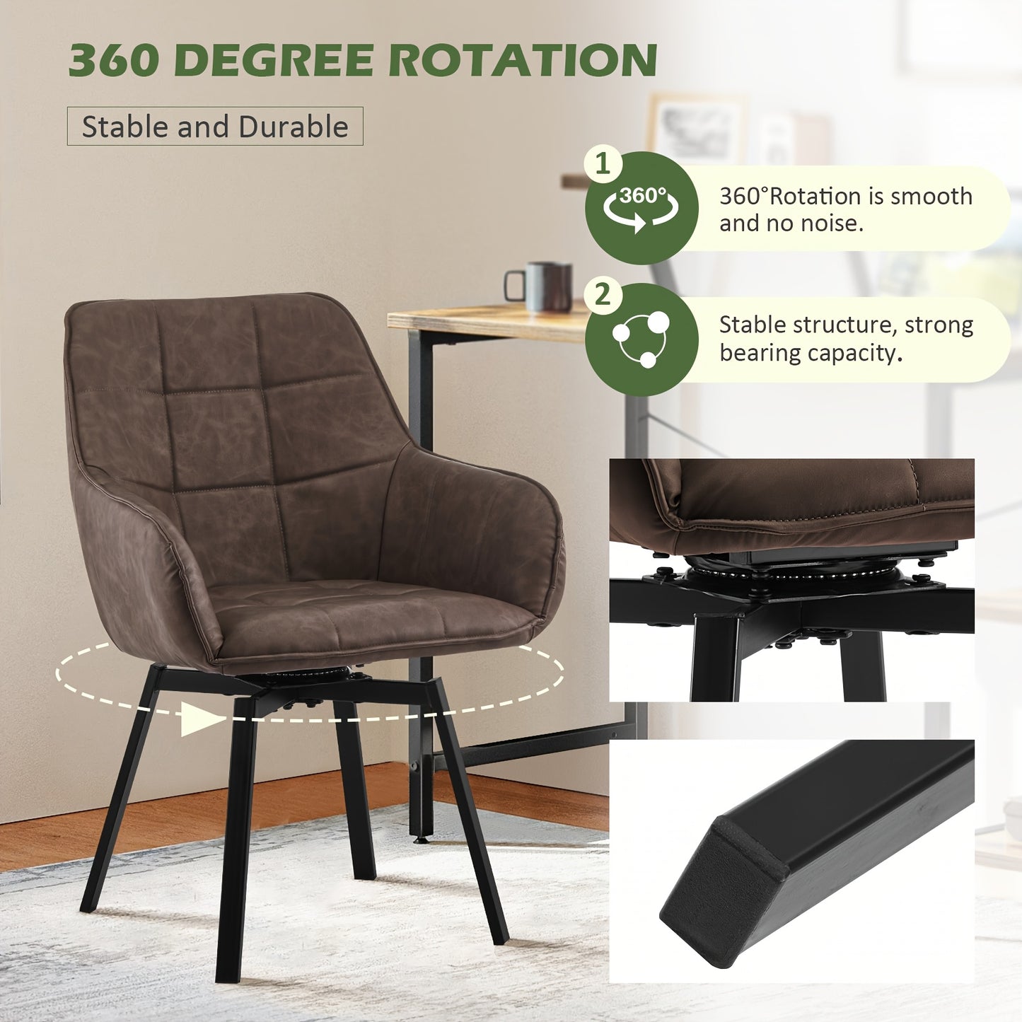 Draaibare Eetkamerstoelen – Armstoel – Stoel Met Armleuningen – Eetstoel – Loungestoel – Set Van 2 – Kunstleer Bekleding – 360° Draaibaar Met Memory Foam Zitting