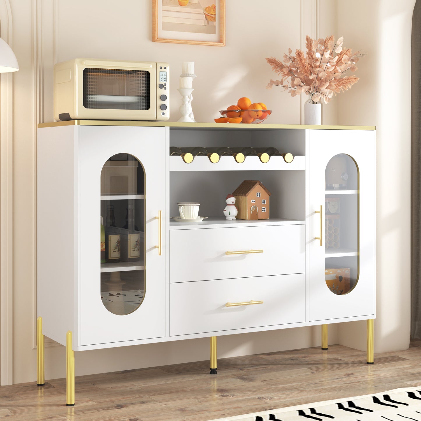 Sideboard – Dressoir – Buffetkast – Opbergkast – Wijnkast – Wit Met Gouden Accenten – Verstelbare Planken En Wijnrek – 120x38x90 Cm