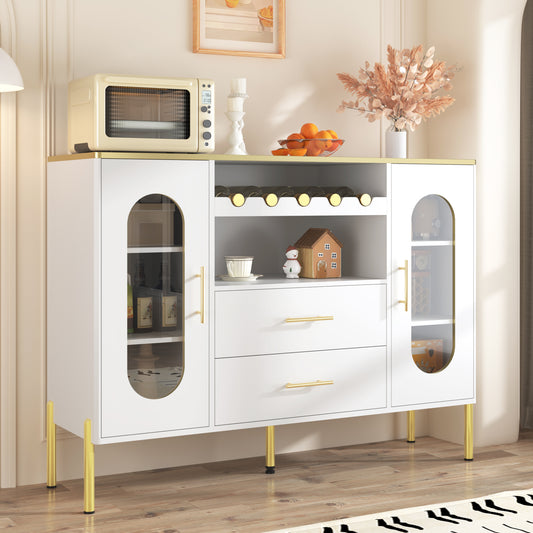 Sideboard – Dressoir – Buffetkast – Opbergkast – Wijnkast – Wit Met Gouden Accenten – Verstelbare Planken En Wijnrek – 120x38x90 Cm