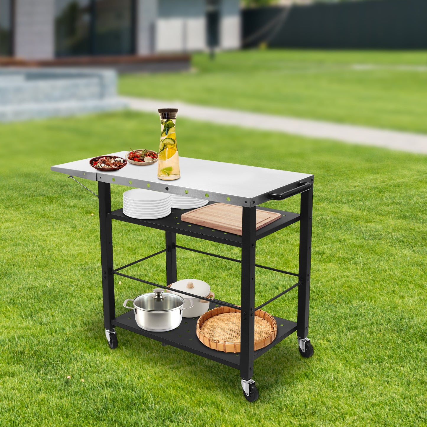 BBQ Trolley – Barbecuewagen – Grillwagen – Buitenkeuken – Campingwagen – 4 Tiers Opbergruimte – RVS Met Universele Wielen Zwart