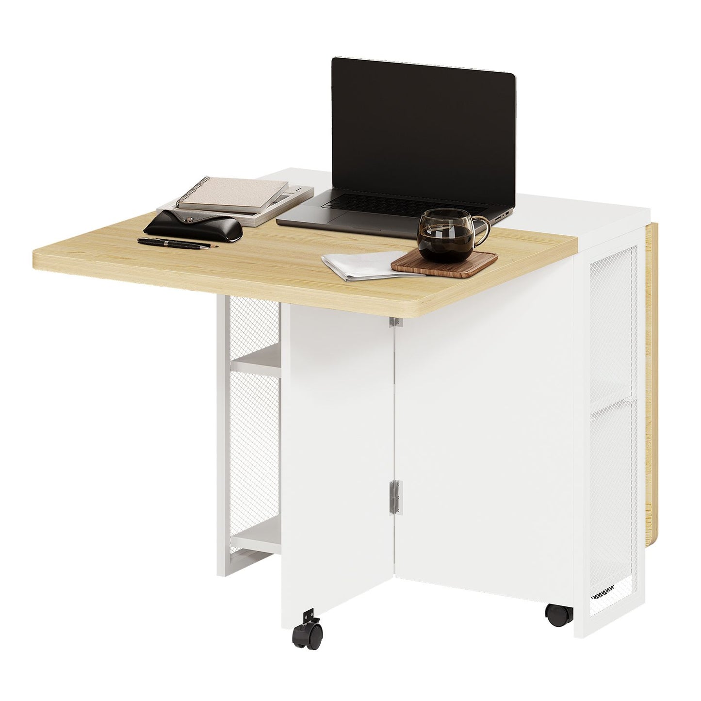 Uittrekbare Eettafel – Inklapbare Tafel – Opvouwbare Eettafel – Uitklapbare Keukentafel – Compacte Werktafel – Wit – 4 Opslagrekken – Duurzaam Metaal