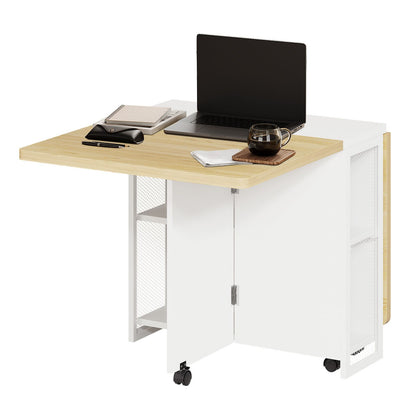 Uittrekbare Eettafel – Inklapbare Tafel – Opvouwbare Eettafel – Uitklapbare Keukentafel – Compacte Werktafel – Wit – 4 Opslagrekken – Duurzaam Metaal