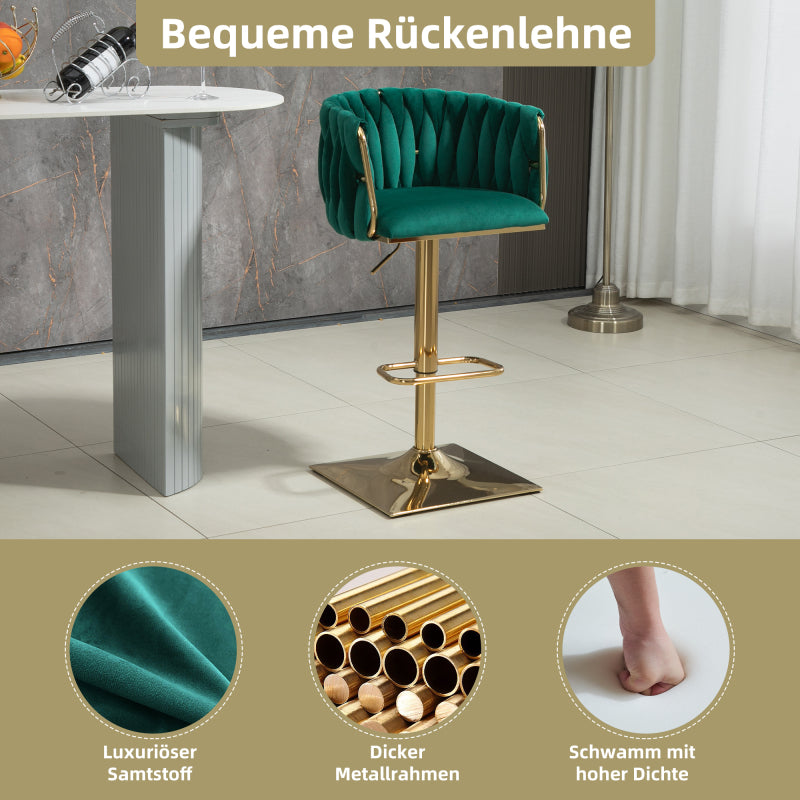 Barkrukken Set – Barstoelen – Keukenstoelen – Draaibare Krukken – Eetkamerstoelen – Verstelbare Hoogte – 360° Draaibaar Met Gouden Frame – Smaragdgroen Fluweel