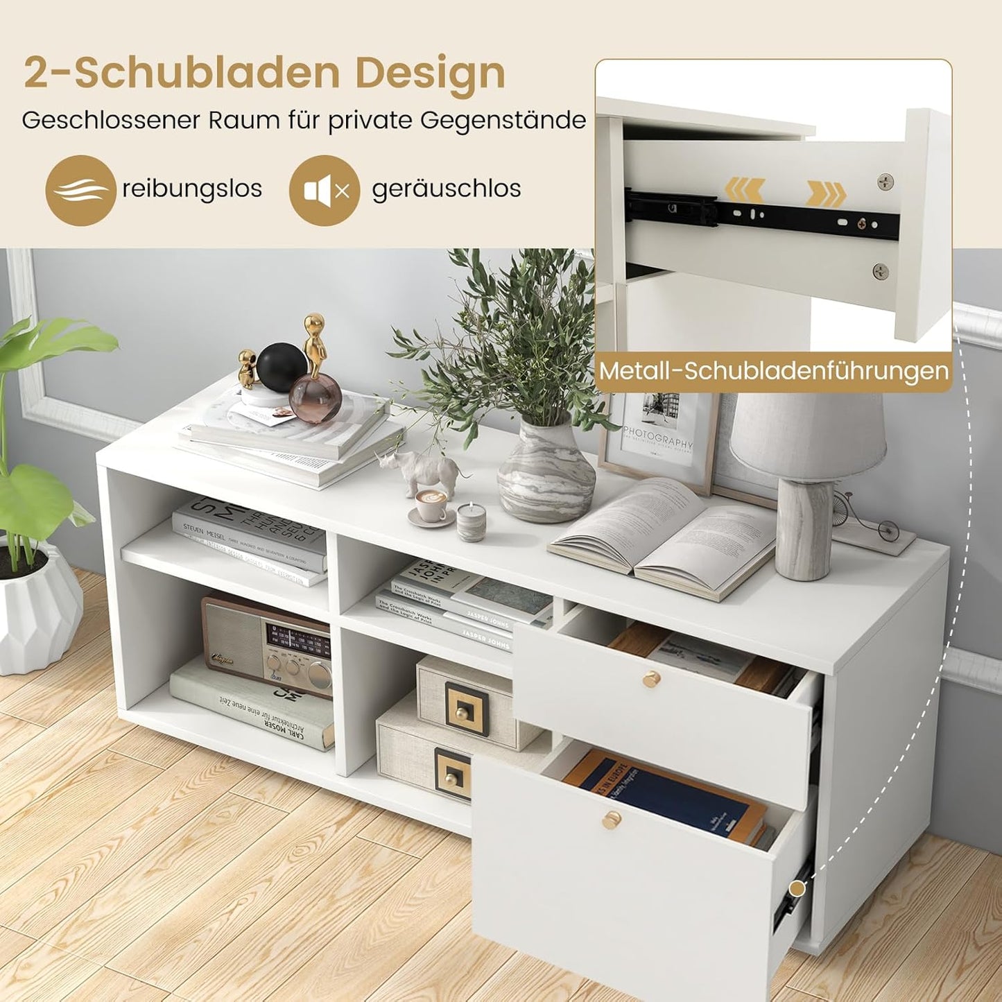 Witte Opbergkast – Opbergmeubel – Kasten – Dressoir – Ladekast – Ruim 108x39 cm – MDF Met Metalen Ladegeleiders