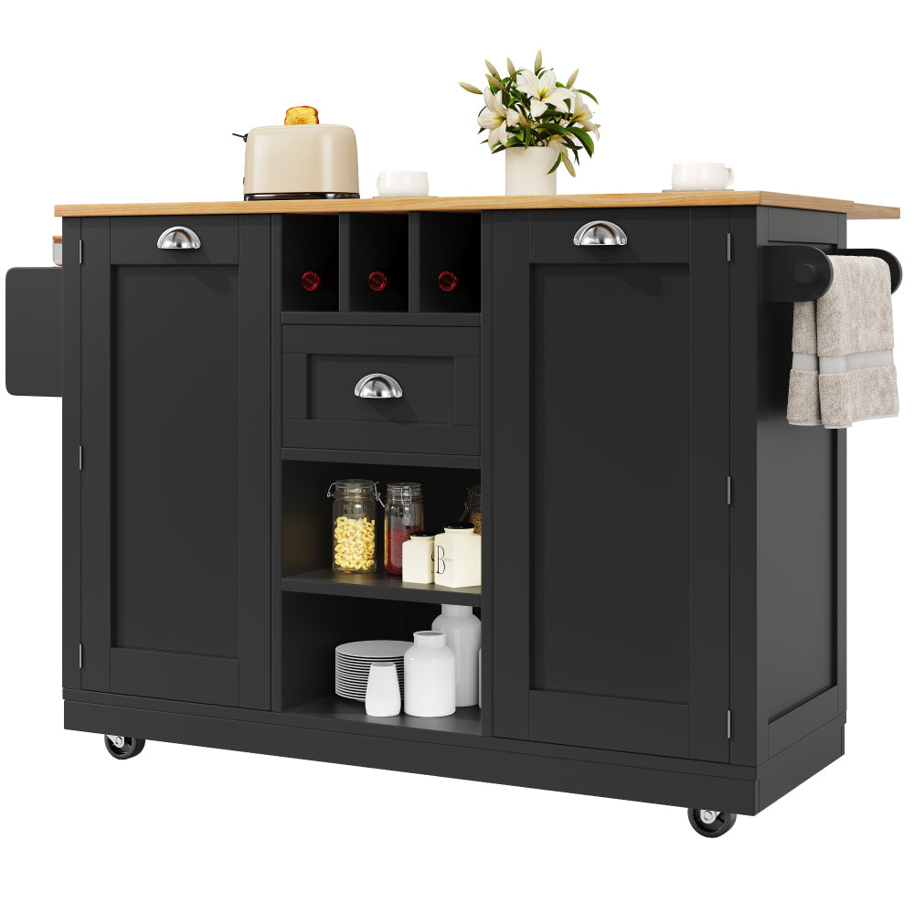 Kitchen Island – Sideboard – Buffetwagen – Keukentrolley – Serveerwagen – Zwart – Met Wijnrek – 4 Zwenkwieltjes