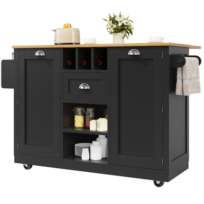Kitchen Island – Sideboard – Buffetwagen – Keukentrolley – Serveerwagen – Zwart – Met Wijnrek – 4 Zwenkwieltjes