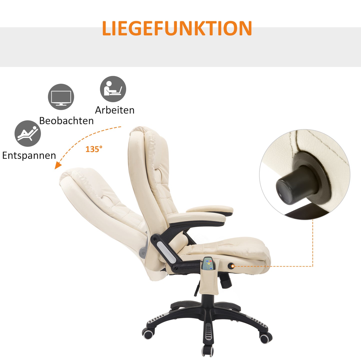 Ergonomische Bureaustoel – Kantoormeubel – Werkstoel – Massagestoel – Comfortstoel – Crème Wit – Massage- en Verwarmingsfunctie – Verstelbare Hoogte en Kantelfunctie