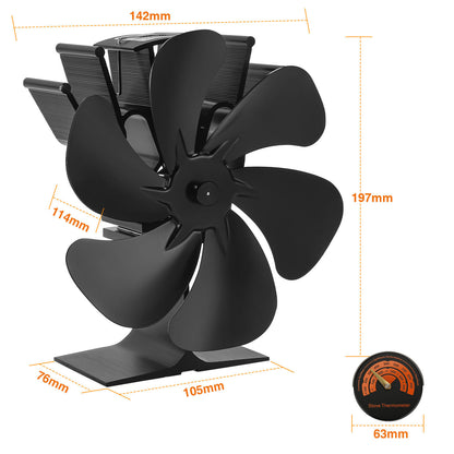 Kachelventilator – Haardventilator – Houtkachelventilator – Warmteventilator – 6 Bladen – Energiezuinig – Stil – Inclusief Thermometer – Geanodiseerd Aluminium
