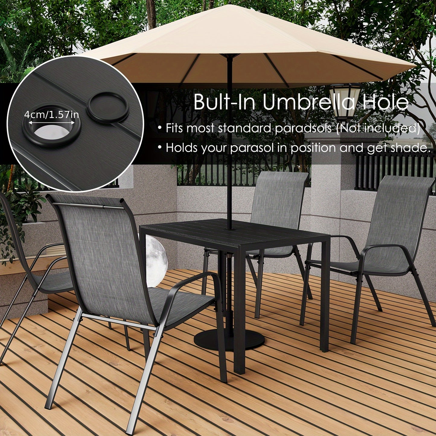 Tuinset Tafel – Tuinmeubel – Terrastafel – Balkonset – Buitenmeubel – Aluminium Frame – WPC Blad – Parasolgat – 110x70 cm – Lichtgewicht