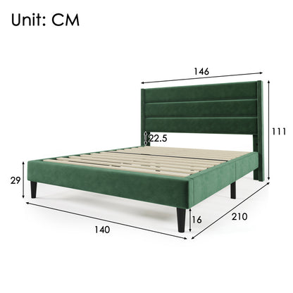 Gestoffeerd Tweepersoonsbed – Ledikant – Bedframe – Sofa Bed – Slaapsysteem – Donkergroen Fluweel – 140x200 cm – Met Lattenbodem – Gepolsterd Hoofdeinde
