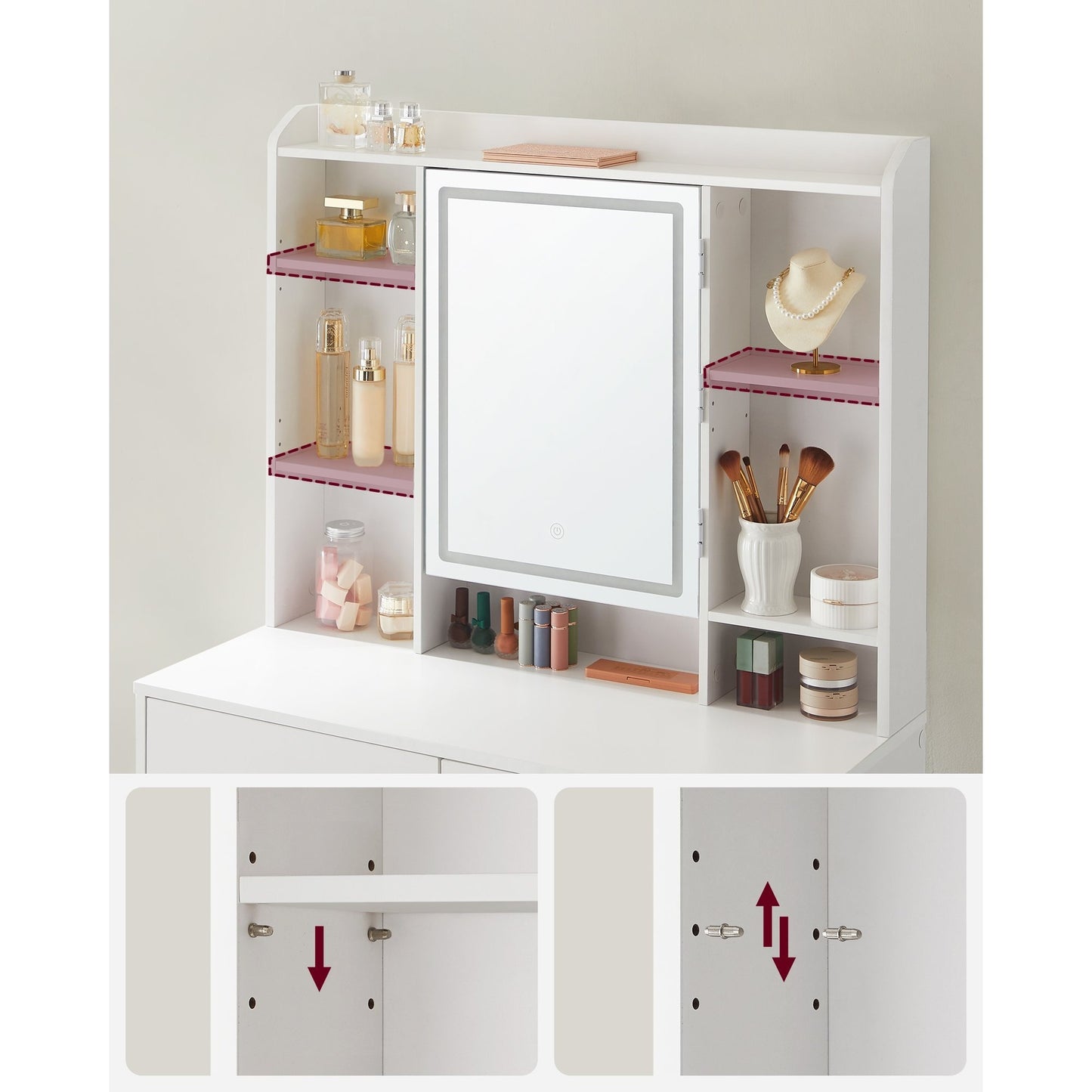 Kaptafel – Make-up Tafel – Opmaaktafel – Cosmeticatafel – Vanity Set – Wit Modern Design – LED Verlichting 3 Kleuren & Instelbare Helderheid – Verstelbare Planken & 2 Lades – Inclusief Spiegel