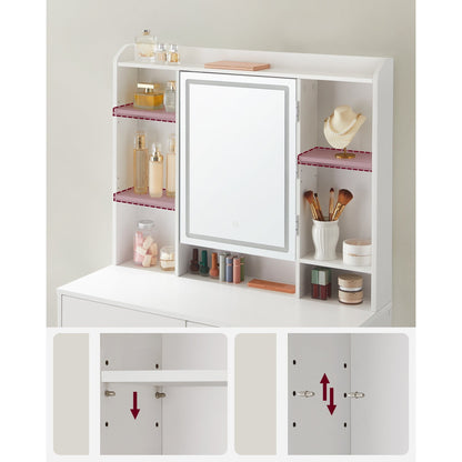 Kaptafel – Make-up Tafel – Opmaaktafel – Cosmeticatafel – Vanity Set – Wit Modern Design – LED Verlichting 3 Kleuren & Instelbare Helderheid – Verstelbare Planken & 2 Lades – Inclusief Spiegel