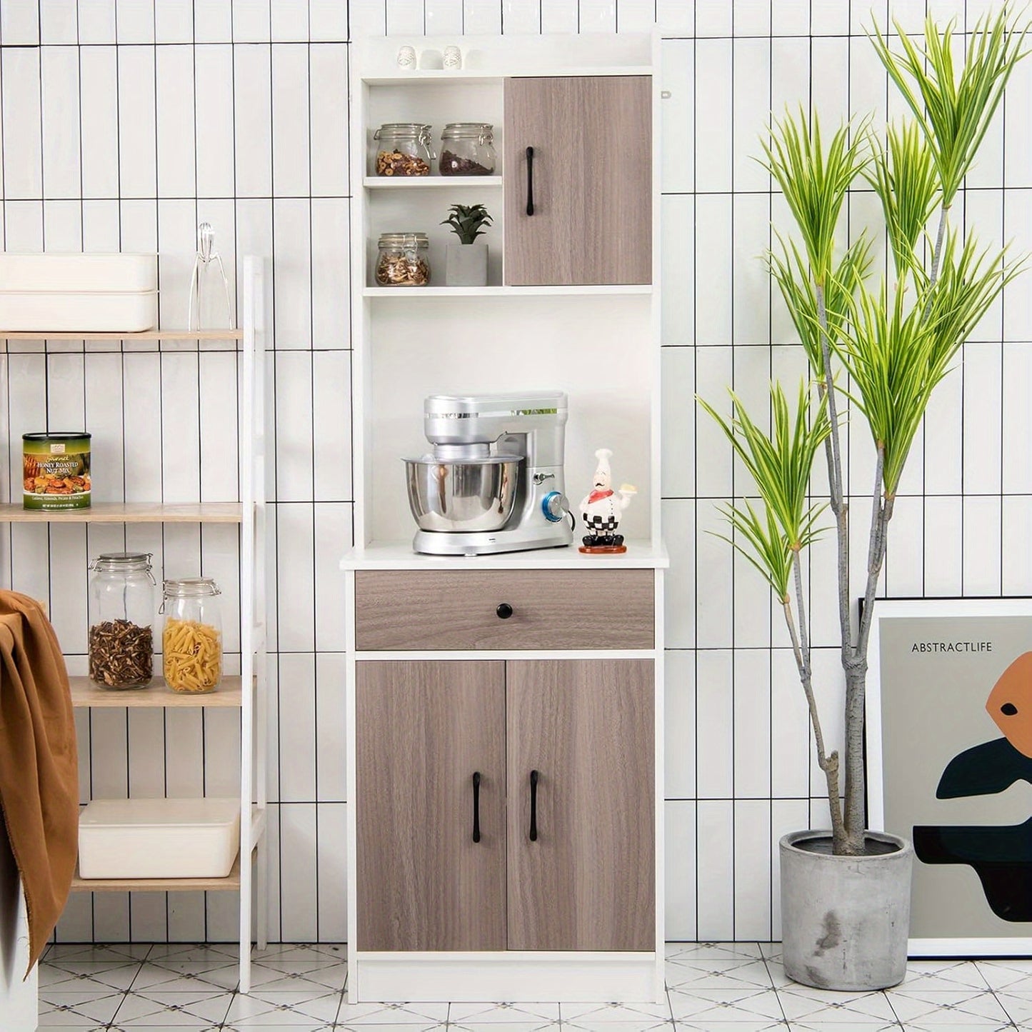 Keukenkast – Keukenbuffetkast – Keukenopbergkast – Keukenpantry – Keukenbuffet – Vrijstaand – Verstelbare Planken – Kabeldoorvoer – Wit – Grote Opbergruimte