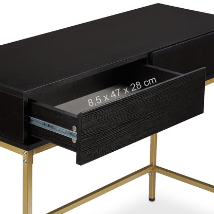 Sidetafel – Bijzettafel – Wandtafel – Haltafel – Consoletafel – Gouden Metalen Frame – Zwart Houten Blad – 2 Lades – Compact 80x110x40 cm