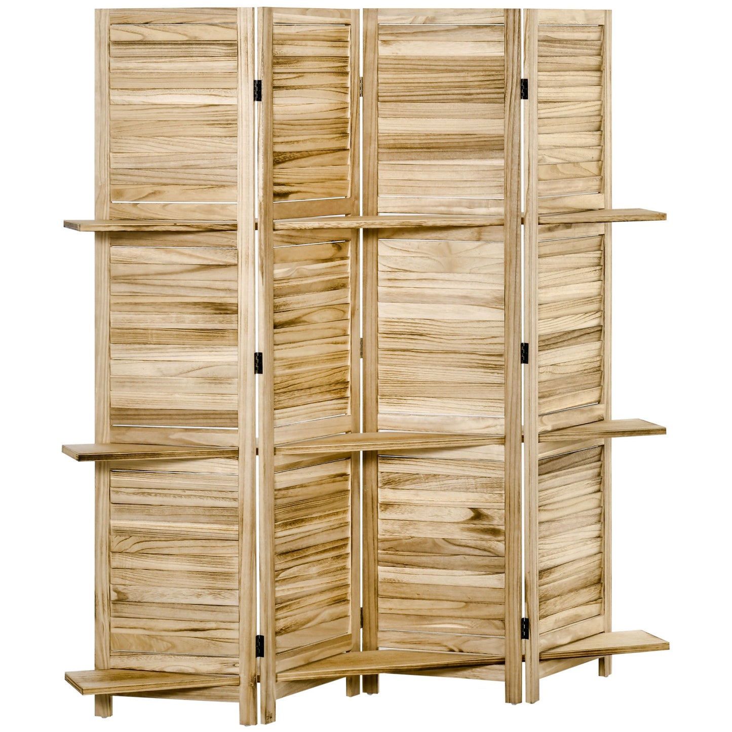Kamer-scherm – Roomdivider – Scheidingswand – Vouwdeur – Scherm met Planken – Paulownia Hout – 4 Panels 162x170 cm – 3 Opbergplanken – Autoclave Den Look