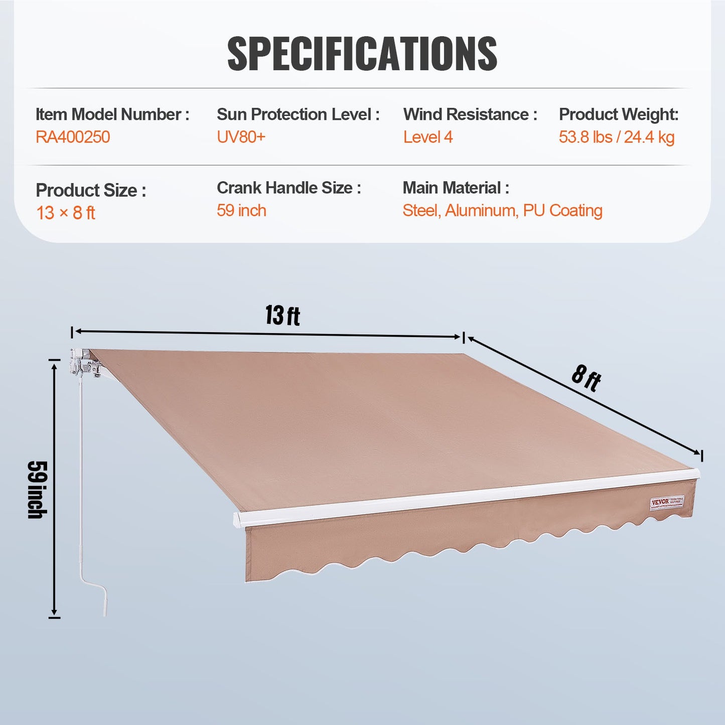 Handmatig Uitschuifbaar Zonnescherm – Terrasoverkapping – Uitschuifbare Luifel – Patio Zonnescherm – Balkon Zonnescherm – 400x250 cm – UV80+ Bescherming en Waterafstotend Polyester