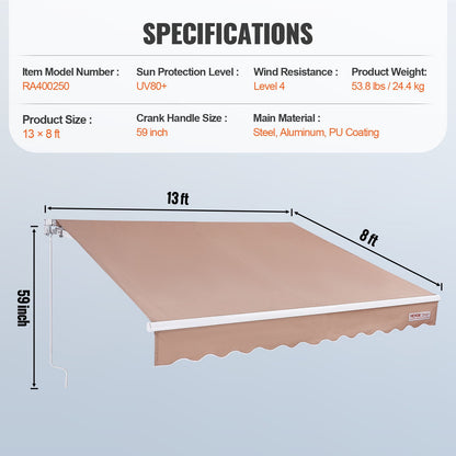 Handmatig Uitschuifbaar Zonnescherm – Terrasoverkapping – Uitschuifbare Luifel – Patio Zonnescherm – Balkon Zonnescherm – 400x250 cm – UV80+ Bescherming en Waterafstotend Polyester