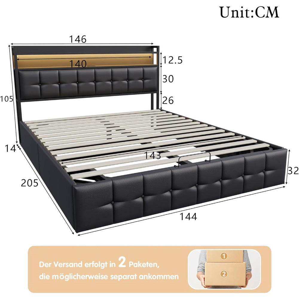 Led-bed – Gestoffeerd bed – Tweepersoonsbed – Opbergbed – Boxspring bedframe – 160x200 cm – Hydraulisch frame – LED-verlichting