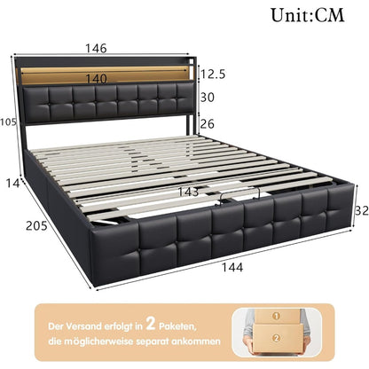 Led-bed – Gestoffeerd bed – Tweepersoonsbed – Opbergbed – Boxspring bedframe – 160x200 cm – Hydraulisch frame – LED-verlichting