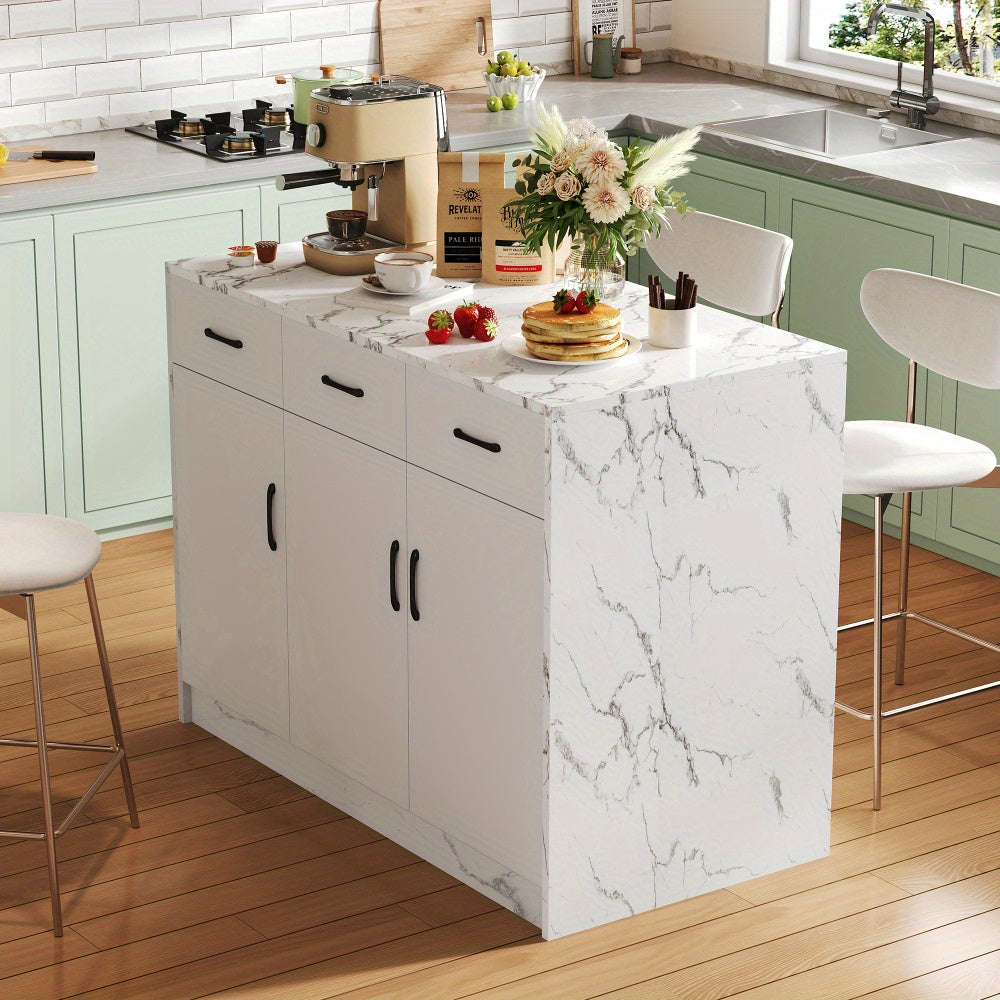 Large White Marble Kitchen Island with 3 Drawers & 3 Doors, Adjustable Shelves & Silent Closing Mechanism - Heavy-Duty Metal Construction, Marble Countertop, Bar Height Design, 120x60x90.5cm - Modern Floor-Standing Storage Ca