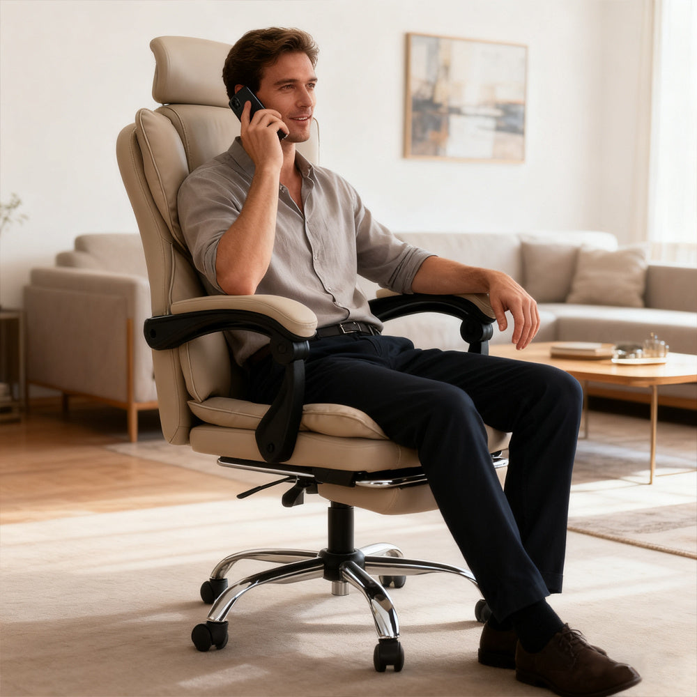 Gamingstoel – Gamestoel – Gaming Chair – Bureaustoel – Gamestoel met Voetensteun – Ergonomisch Design – PU Leer – Verstelbare Draaistoel – Lendensteun – Comfortabel – Donker Beige