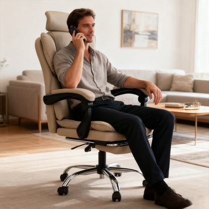 Gamingstoel – Gamestoel – Gaming Chair – Bureaustoel – Gamestoel met Voetensteun – Ergonomisch Design – PU Leer – Verstelbare Draaistoel – Lendensteun – Comfortabel – Donker Beige