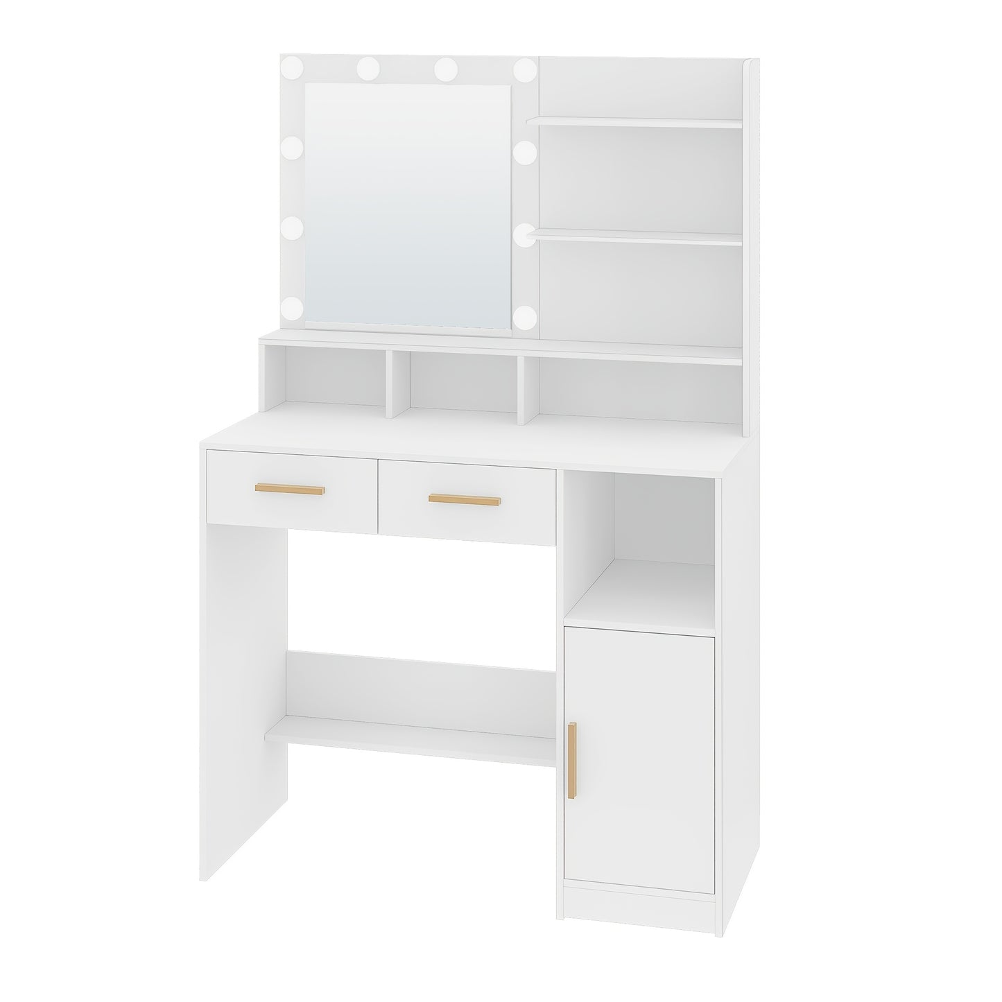 Dressing Table With Mirror And 10 LED Lights, Adjustable Brightness, Dressing Table With 2 Drawers & 1 Cabinet, 3 Shelves & 4 Open Compartments, White