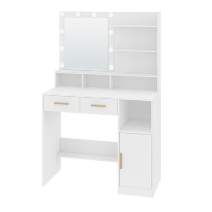 Dressing Table With Mirror And 10 LED Lights, Adjustable Brightness, Dressing Table With 2 Drawers & 1 Cabinet, 3 Shelves & 4 Open Compartments, White