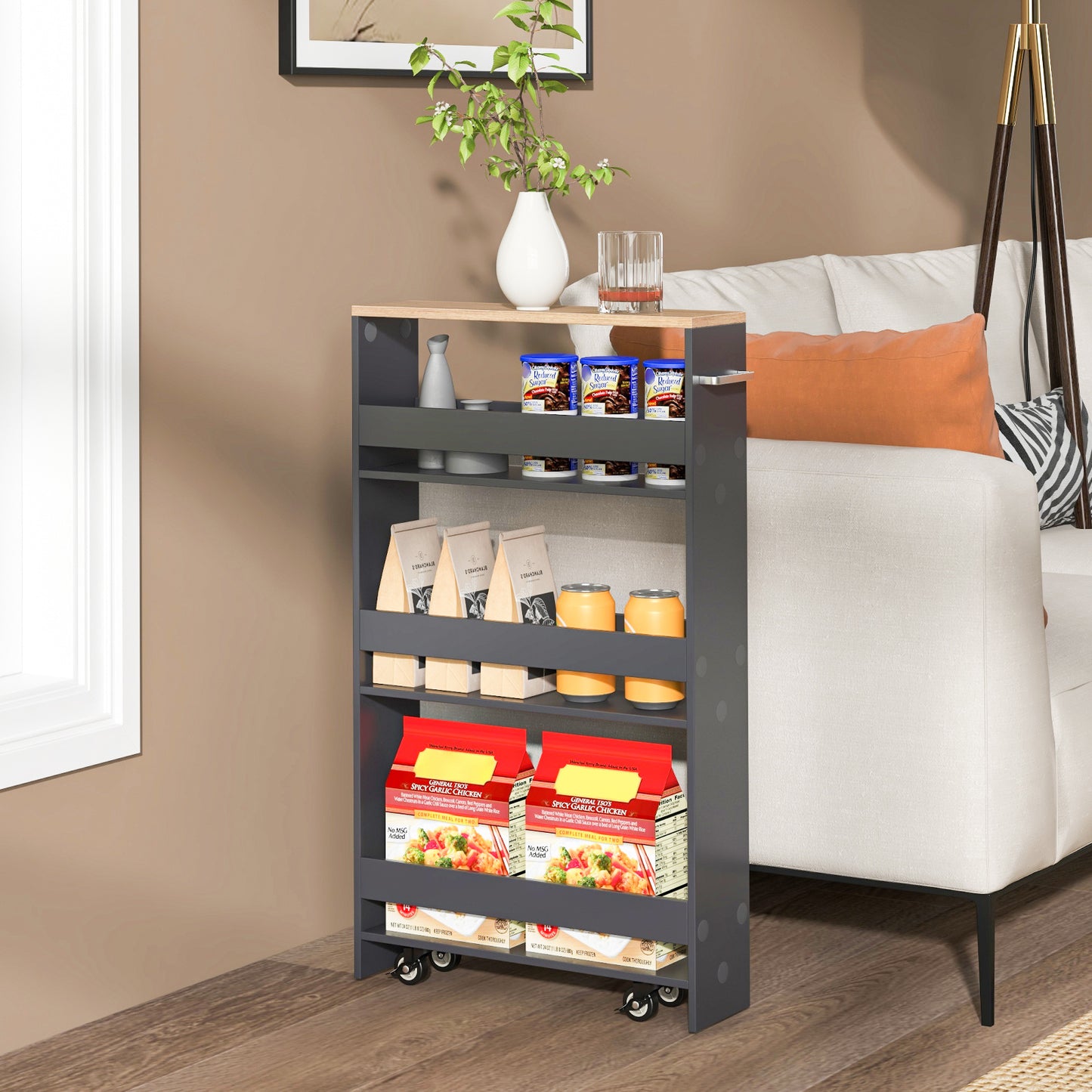 Keukentrolley – Rollwagen – Serveerwagen – Keukenwagen – Opbergtrolley – 4 Lagen met Houten Handvat – Smal Design 13 cm Breed
