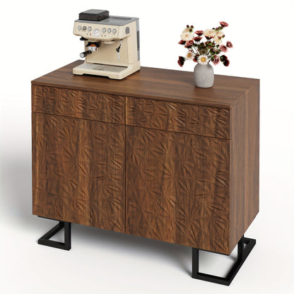 Chest of Drawers with Sideboard Dimensions of 80 X 40 X 78 Cm - Part of The "Leafy Psalm" Collection, Featuring a Dark Walnut Finish with Leaf Patterns, a Metal Leg Frame, Two Drawers, And Two Doors, Designed Without Handles,