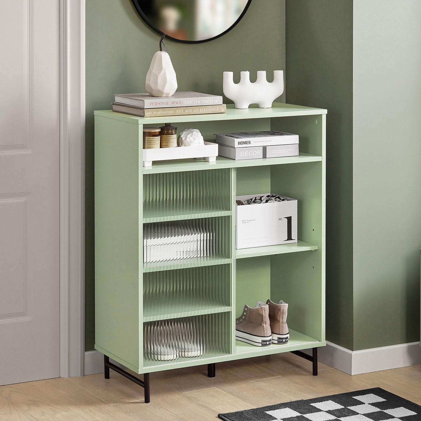Kledingkast – Garderobekast – Opbergkast – Vitrinekast – Schuifdeurkast – Schuifdeuren – Verstelbare Legplank – Hoogwaardig MDF en Glas – 70 x 33 x 90 cm