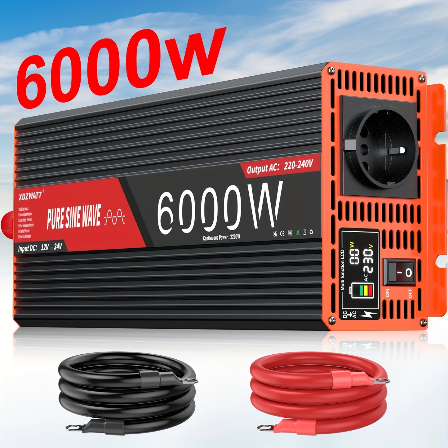 Omvormer – Spanningsomvormer – Power Inverter – Stroomconverter – 12V naar 230V – Pure Sinusgolf – 6000W Piekvermogen – Compact Met LCD Display