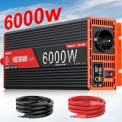 Omvormer – Spanningsomvormer – Power Inverter – Stroomconverter – 12V naar 230V – Pure Sinusgolf – 6000W Piekvermogen – Compact Met LCD Display