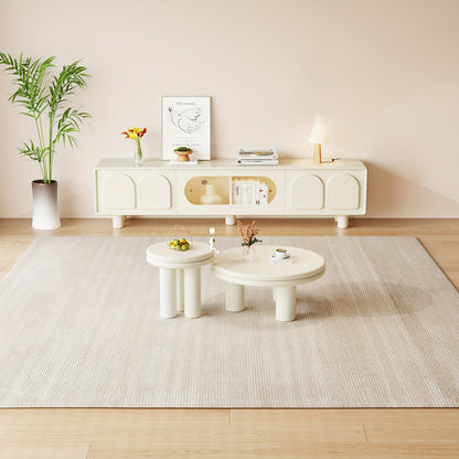 Theetafel – Salontafel – Bijzettafel – Koffietafel – Woonkamertafel – Moderne 2-delige Set – Dubbel Laags Ronde Tafelblad – Crème Wit – Ruimtebesparend & Eenvoudig Te Monteren