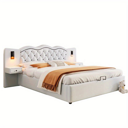 Bedframe – Ledikant – Slaapbank – Boxspring – Bed met Opbergruimte – Beige – Hydraulische Lift – Geïntegreerd Hoofdbord – 180x200 cm – Zachte Stof