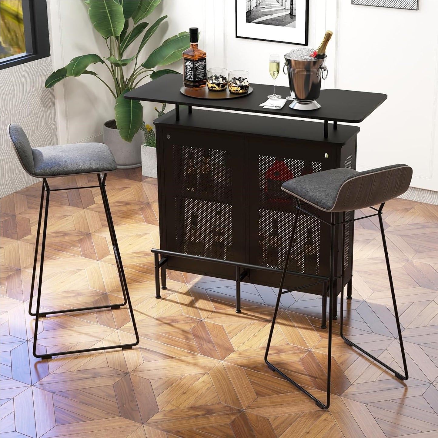Bartafel – Barmeubel – Keukentafel – Tafel Met Opbergruimte – Zwarte Metalen Frame – Verstelbare Poten – 120 x 50 x 106,5 cm – Inclusief Voetsteun