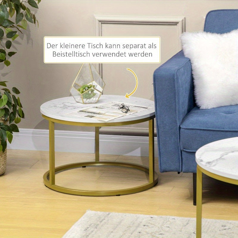 Ronde Bijzettafel – Salontafel – Eettafel – Accenttafel – Tafeltje – Stalen Frame – Marmerlook Wit – 30kg Draagkracht – Stapelbaar 2-delig Set