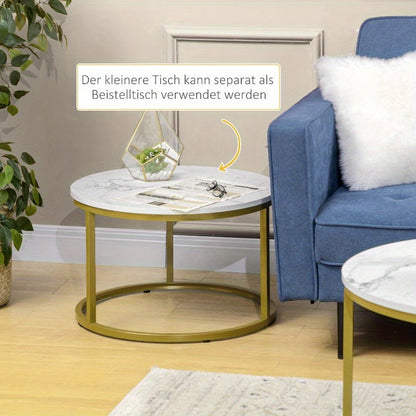 Ronde Bijzettafel – Salontafel – Eettafel – Accenttafel – Tafeltje – Stalen Frame – Marmerlook Wit – 30kg Draagkracht – Stapelbaar 2-delig Set