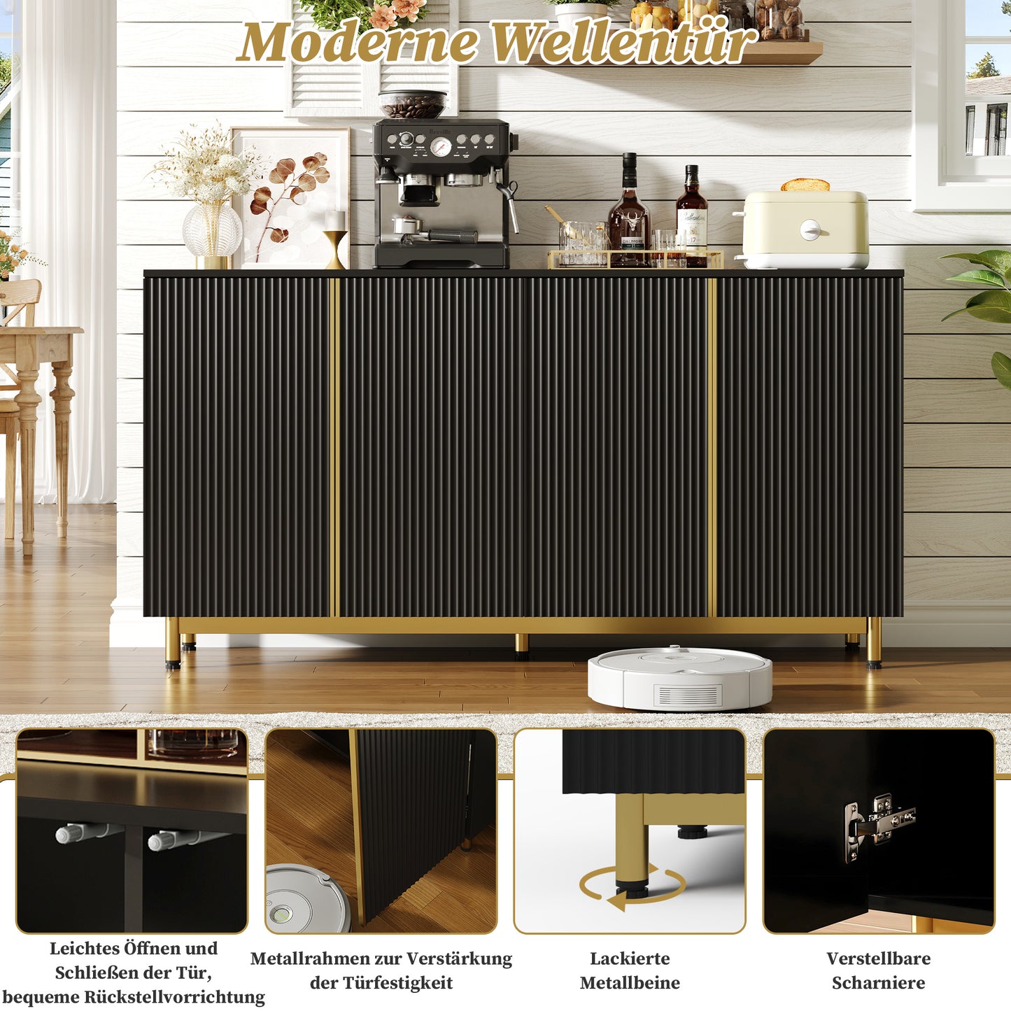 Sideboard – Dressoir – Opbergkast – Buffetkast – Kast – Modern Zwart – 150 Cm Breed – Zelfsluitende Deuren – Kantelbeveiliging