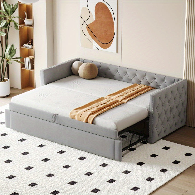 Bedbank – Slaapbank – Uitschuifbed – Logeerbed – Multifunctioneel Bed – Gestoffeerd Fluweel – 90x200 cm – Huidvriendelijk & Stevig Metalen Frame - Grijs